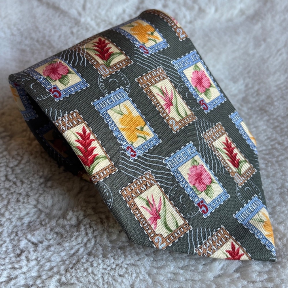 Tommy Bahama Mens Silk Tie‎ Olive Tropical Floral Postage Stamp Print Hand Made